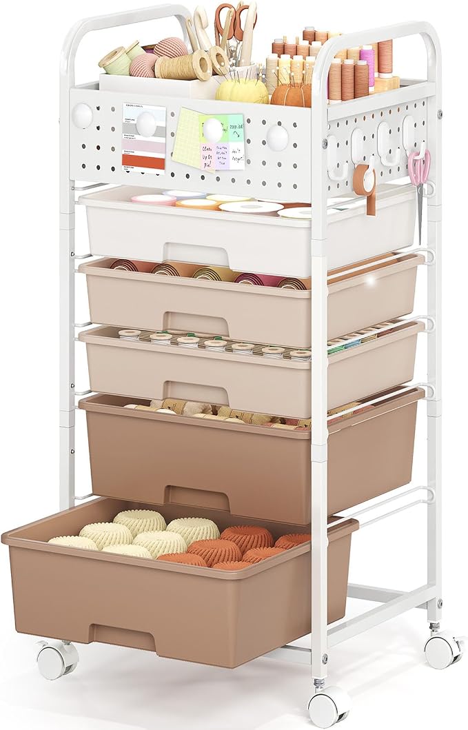5 Drawer Rolling Storage Cart with Pegboard Top and Hooks, Brown | Mobile Organizer Cart with Wheels for Office Supplies, Craft Storage, Classroom Organization, Home Utility Cart by SYKIARIOL