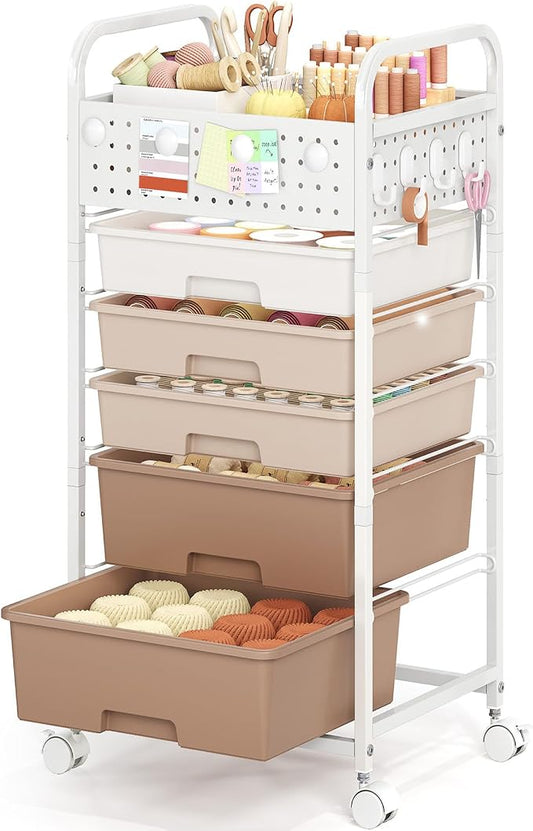 5 Drawer Rolling Storage Cart with Pegboard Top and Hooks, Brown | Mobile Organizer Cart with Wheels for Office Supplies, Craft Storage, Classroom Organization, Home Utility Cart by SYKIARIOL