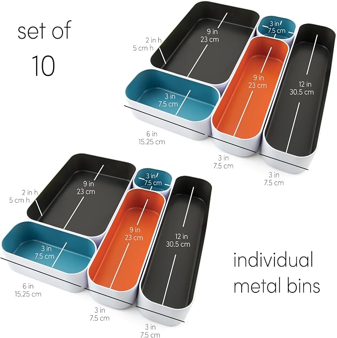 Three by Three Seattle Metal Drawer Organizer Tray Set, 10-Pc (Multicolor) | Deep 2" food-safe metal bins; mix & match to customize any drawer; kitchen, bathroom, office & vanity organization - Image 3
