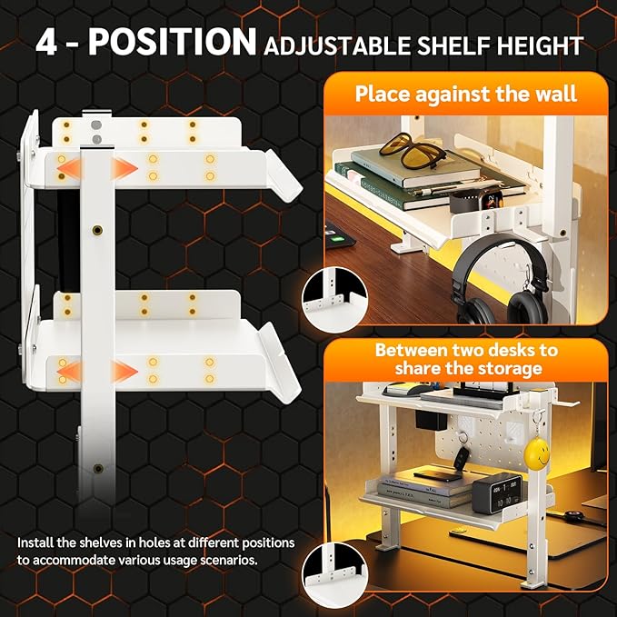 Metal Clamp On Desk Shelf,Storage Shelves with Pegboard and Pencil Holder | 2-Tier Adjustable 16 inch Above or Under Heavy Duty Desktop Organizer with Headphone Holder for Desk Accessories (White) - Image 6