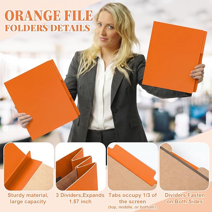AmazingSpark 12 Pack Orange Classification Folders Letter Size, 1 Divider, 1/3-cut Tab, File Folders with Fasteners, Prongs, Expanding File Organizer Bulk for Office Employee, Coworker, Staff - Image 5