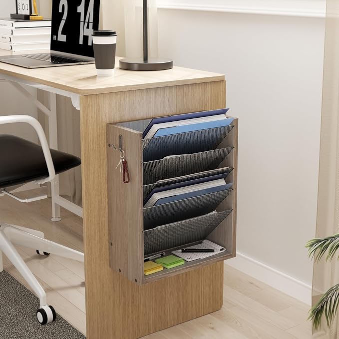 Mail Organizer Wall Mounted, 6-Slot Hanging File Organizer with Key Holder | Mail Sorter, Wood Letter Holder for Envelopes Bills Magazine Folders Papers Accessories for Home Office, Greige - Image 5
