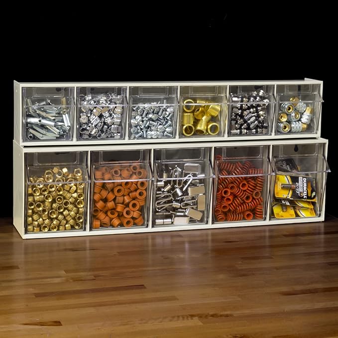 Akro-Mils TiltView Plastic Storage Cabinet with 6 Tilt Out Bins, Horizontal Organizer, Teacher Toolbox, and Office Supply Organizer, 23-5/8" W x 3-1/2" H x 3-3/4" D, Stone - Image 4