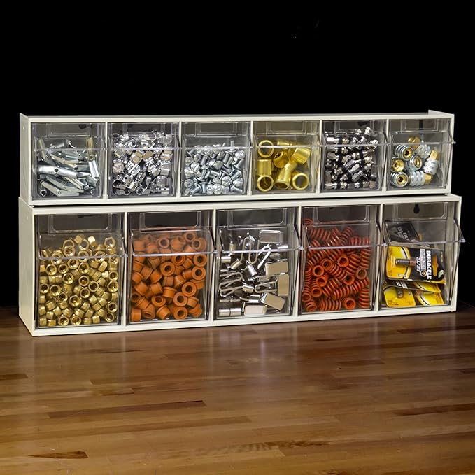 Akro-Mils TiltView Plastic Storage Cabinet with 5 Tilt Out Bins, Horizontal Plastic Parts Organizer, Teacher Toolbox, and Office Supply Organizer, 23-5/8" W x 6-1/2" H x 5-5/8" D, Stone - Image 2