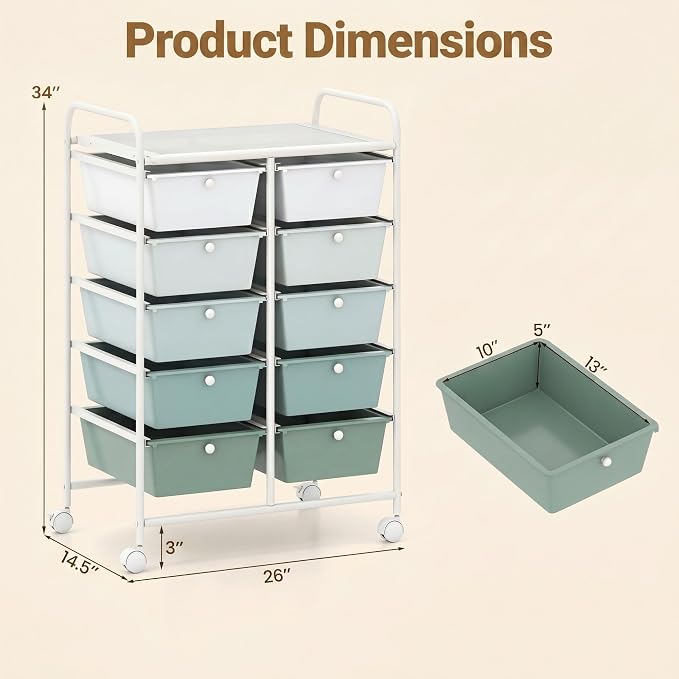 COSTWAY 10 Drawer Rolling Storage Cart, Utility Cart with Lockable Wheels | Mobile Art Supply Craft Organizer with Metal Frame, Multipurpose Drawer Cart for Paper for Office, School, Green Gradient - Image 3