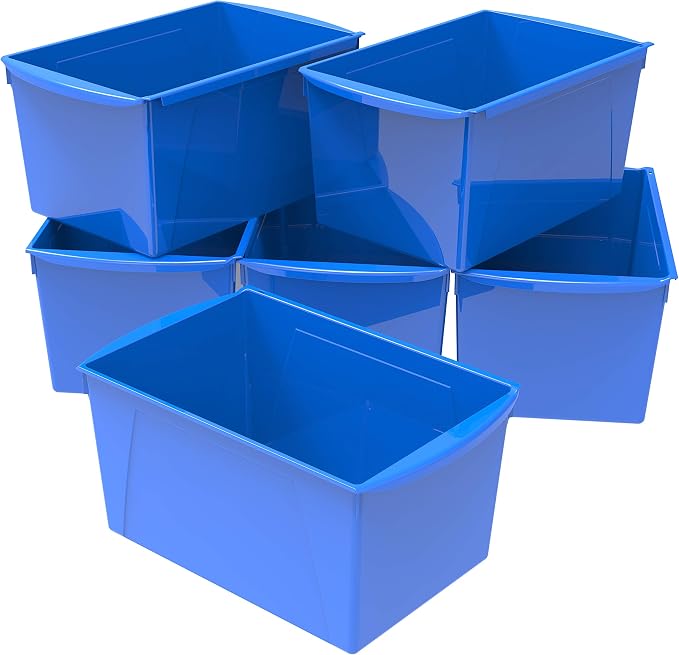 Storex Extra-Large Book Bin, Interlocking Plastic Organizer for Home, Office and Classroom, Blue, (71135U06C) (Pack of 6) by Storex