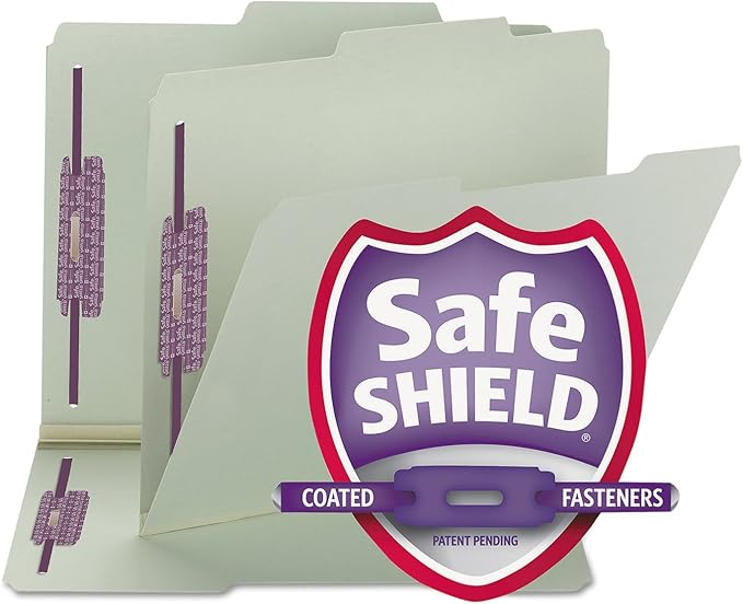 Smead Pressboard Fastener File Folder with SafeSHIELD Fasteners, 2 Fasteners, 2/5-Cut Tab Right of Center Position, Guide Height, 1" Expansion, Letter Size, Gray/Green, 25 per Box (14980) by SMEAD