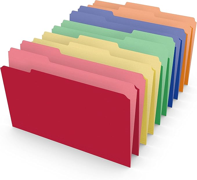 Staples Heavyweight File Folders, Legal Size, 3‑Tab, Assorted Colors, Durable Paper Stock, 50/Box by Staples