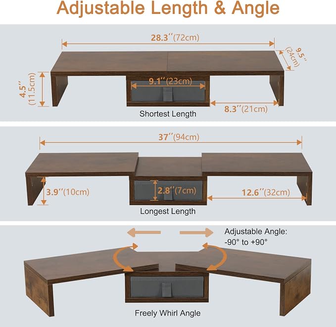 TEAMIX 3 Shelf Monitor Stand Riser With Drawer - Length and Angle Adjustable Dual Riser With Storage Corner Desk Shelf Organizer Large Computer Stand for 2 Monitors/Laptop (Brown, 1 Drawer) - Image 4