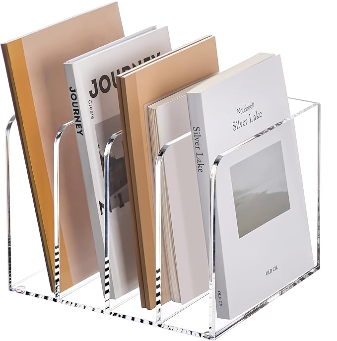 YUXUN Acrylic Magazine Holder,Clear Desk Organizer File Sorter for Notebook,Paper,Envelope,Magazine, Book Storage-Office/Home/Classroom Organization(4 Compartments,B5) by AcrylicBusinessCardHold