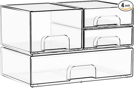 4 Pack Clear Stackable Storage Drawers,Acrylic Drawer Organizer for Medicine,Palettes,Hair Accessories and Makeup Organizer,Plastic Drawers for Cabinet,Office,Desk,Bathroom Storage Containers by Yieach