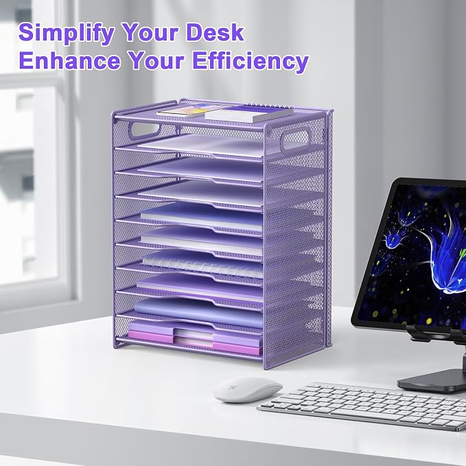 OUTWOLF 10 Tier Paper Organizer - Letter Tray Mesh Desk File Organizer with Handles for Office School Desktop, Purple - Image 6