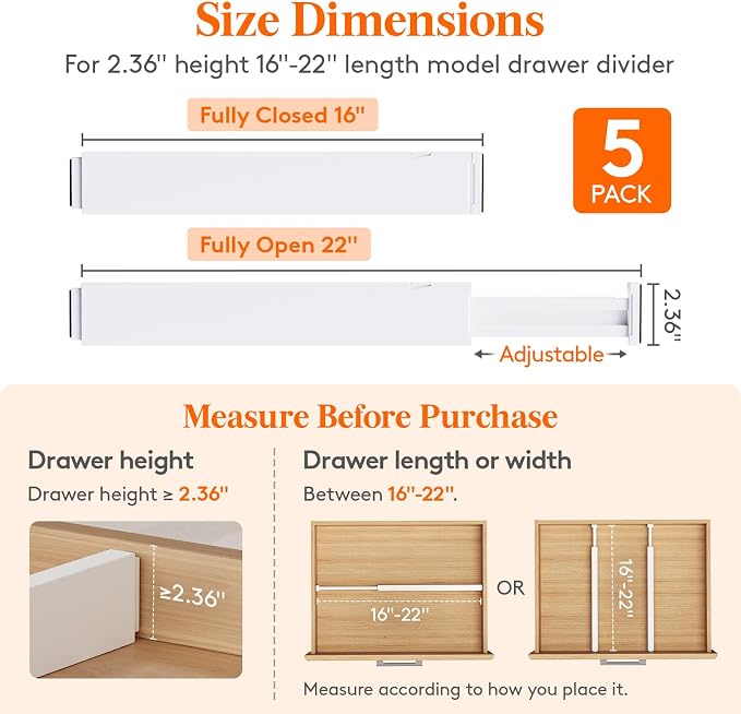 Lifewit 2.36" Upgrade Kitchen Drawer Dividers, Adjustable Drawer Organizer | 16"-22" Expandable White Drawer Separator for Clothes/Utensils, Dresser/Cabinet/Closet/Nursery Organization & Storage, 5 Pack - Image 2