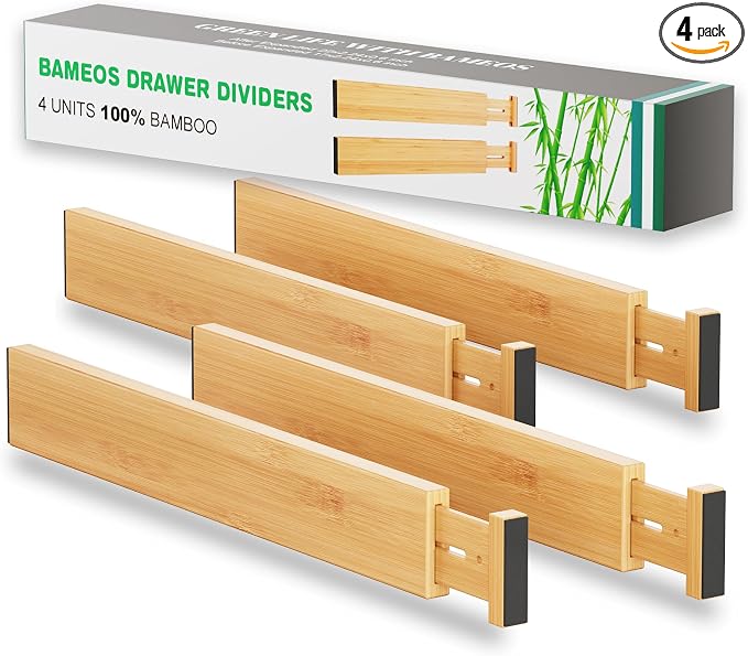 BAMEOS Bamboo Expandable Drawer Dividers – Fits 16.6"–22" Drawers, 2" High, Set of 4 | Spring-Loaded Bamboo Separator for Kitchen Island, Bathroom Vanity & Dresser Drawers by BAMEOS