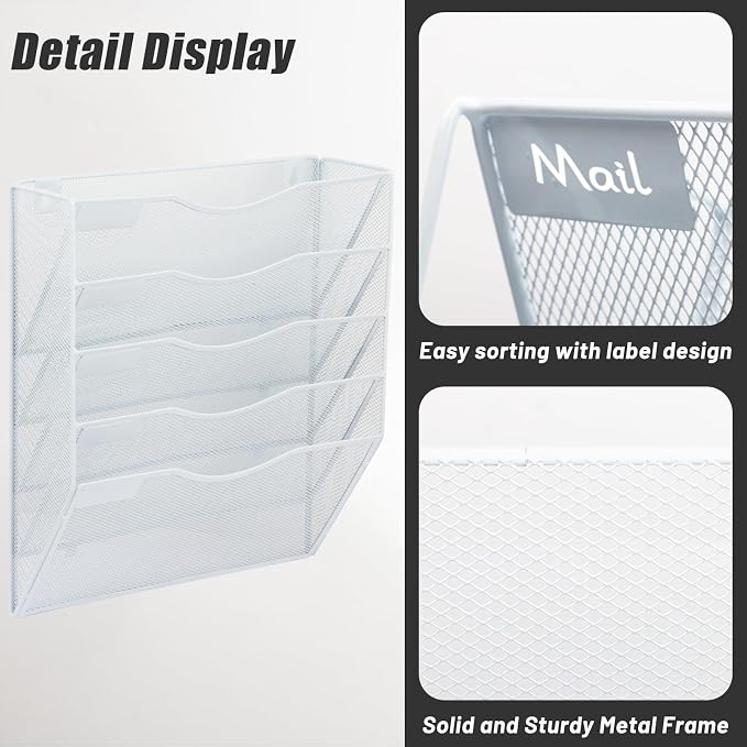 5 Pocket Mesh Hanging Wall File Organizer, Wall Mounted Mail Paper Document Folder Holder, Clipboard Storage Organization Magazine Rack with Nametag Label for Office Home School, White - Image 4