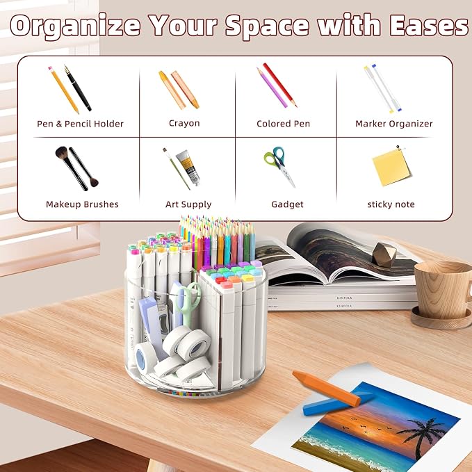 2 Pack Pen Pencil Holder for Kids, Rotating Pen Holder for Desk Organizer, 4 Compartments Art Supply Marker Organizer and Storage, Kids Desk Organizer Marker Holder Caddy Art Supply Organizer for Desk - Image 2