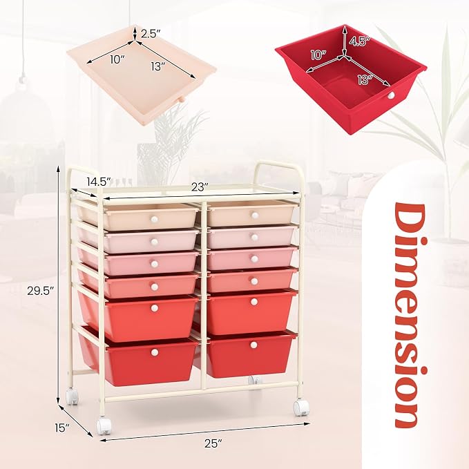 COSTWAY 12-Drawer Rolling Storage Cart, Moveable Art Craft Organizer | Lockable Wheels, Metal Shelf, Files Arrangement Tools Makeup Storage Cart for Office, Home, School (Mixed Pink) - Image 3