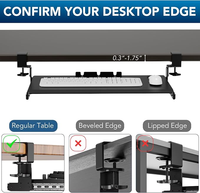 Keyboard Tray Under Desk Pull Out with Extra Sturdy Adjustable C Clamp Mount System, 27.3 (32.5 inch Including Clamps) x 11 Inch Slide-Out Platform Computer Drawer for Typing, Black,AX01WB01 - Image 7