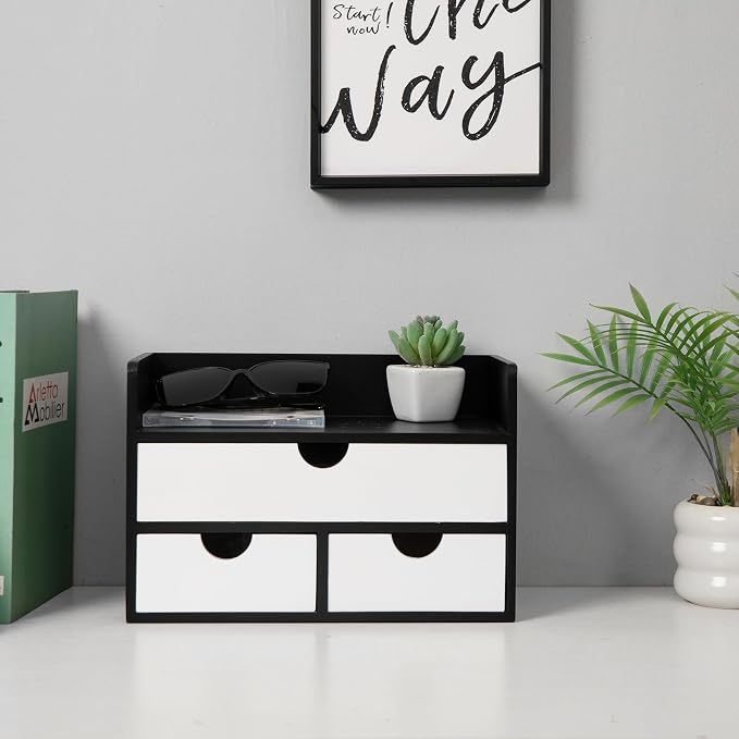 Rustic Wood Desk Organizer with Drawers,3-Drawer Desktop Storage Box | Two-Tone Black & White‌ 3 Drawers Shelf Pens, Notes, Makeup, Jewelry & Toiletries for Office, Bath Vanity Office Supplies - Image 4