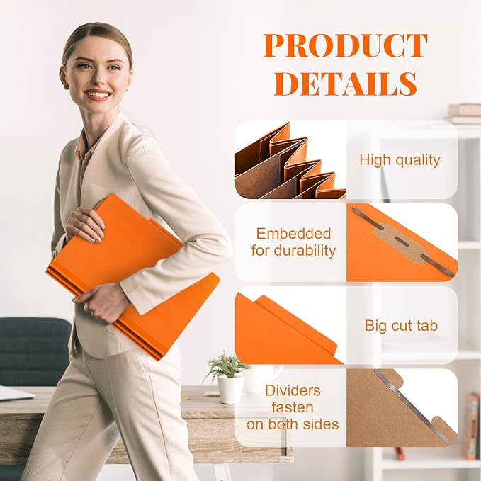 Skyygemm 12 Pcs Classification Folder Letter Size, 3 Divider File,Orange | Back to School Folder Supplies, Pressboard File with Fastener, Expanding Organizer Bulk for Teacher, Office, Employee, Staff - Image 3