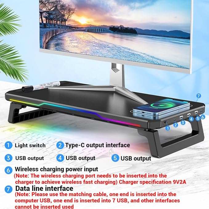 Monitor Stand Riser with USB 3.0 Hub & Type-C Port, 15W Fast Wireless Charging & RGB Lighting, Desk Organizer for Home Office PC iMac 27 Inch (Black) - Image 7
