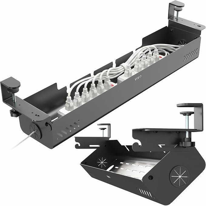 VIVO No Drill 35 inch Under-Desk Clamp-On Cable Management Box with Flip-Open Lid, Easy-to-Open Steel Cord and Power Strip Organizer, Cable Organizer Tray, 11 lbs Capacity, Black, DESK-ACMB35-C by VIVO
