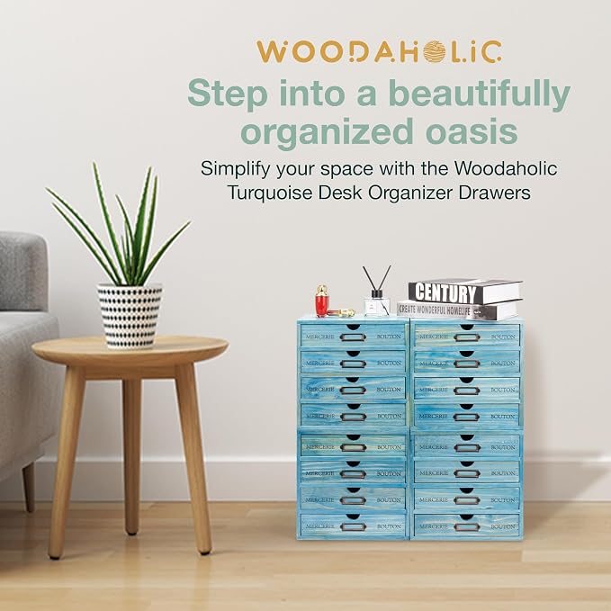4-Pack Turquoise Countertop Organizer Drawers - Stackable 4-Drawer Mini Filing Cabinets for Desktop - 9.7x7x10in European Country Style Storage Drawers w/Label Holders, Fully Assembled - Image 9