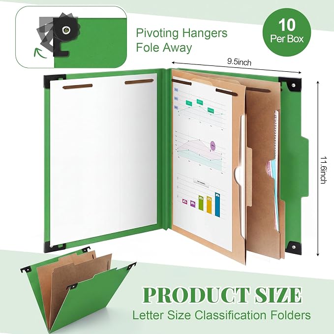 Henoyso 10 Pcs Hanging Classification Folders,2 Pocket Dividers,Green | Letter Size, Hanging File Folders with 2 Pockets, 3" Expansion, 6 Prong Fasteners, 1/3 Tab Cut, 6 Sections, Pressboard Manila - Image 2