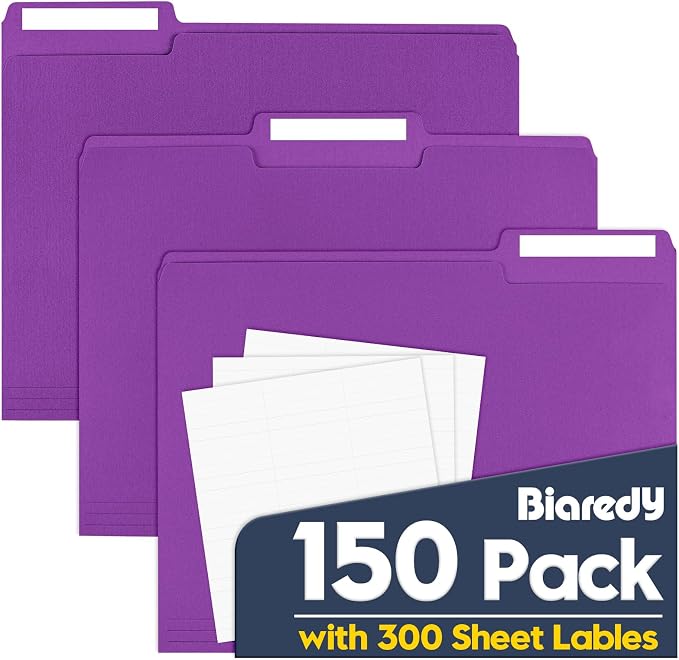 File Folders,Colored File Folders Letter Size 8.5" x 11",150 Pack 1/3 Cut Tab Bulk Folders,Durable Paper Folders with Blank Labels for Office Business School Home Use,Vivid Purple by Unknown