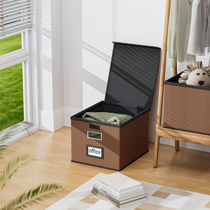 File Organizer Box with Lids, Collapsible File Folder Organizer | File Box with Plastic Slides for Document, Filing Bin for Letter Size Hanging File Folders (4 Pack, Brown, Leather) - Image 5