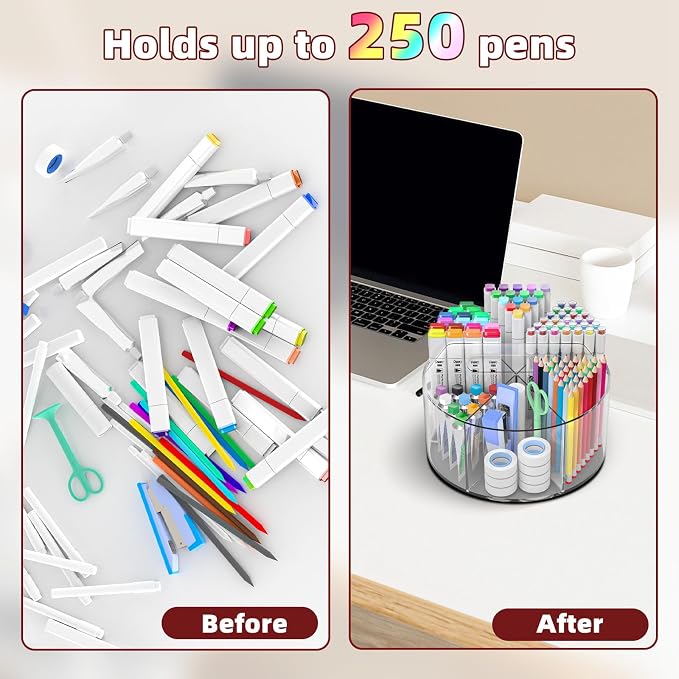 250pcs Acrylic Pencil Holder Marker Organizer, 360-Degree Rotating Pen Holder, Crayon Organizers for Kids Pencil Organizer Caddy Art Supply Lazy Susan Organizer for Desk Home School Office - Image 3