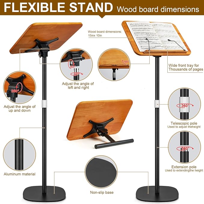2 in 1 Dual-use Music Stand & Desktop Book Stand, Adjustable Height 16.5"-51", 100% Solid Wood Laptop Floor Stand Book Holder with Elastic Page Clips for Cookbooks (Brown) - Image 2