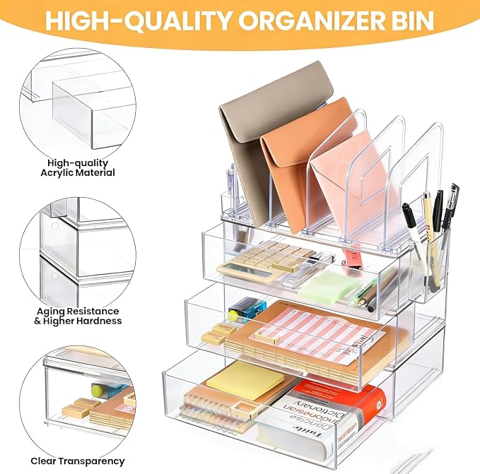 LALOBLUE Acrylic Desk Organizer with 4-Vertical File Holder Rack, 3-Clear Drawer and 2 Pen Holders, Desktop Storage for Office Desk Accessories School Classroom Organization (Clear) - Image 5