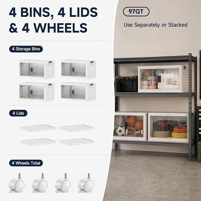 OlarHike 97QT Storage Bins with Lids for Closet, Office, Shelves, 4 Pack | Multi-Lid, Lockable Stackable, Large Capacity, Doors & Wheels, Garage, School, Foldable Containers & Organizers, Warehouse - Image 9
