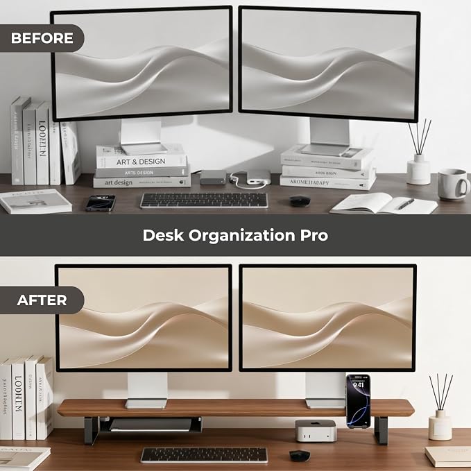 muso wood Dual Monitor Stand with Storage Shelf, 45 Inch Wooden Monitor Riser for 2 Monitors, Walnut Desk Shelf for Computer, Laptop, Screen, TV, Printer - Image 6