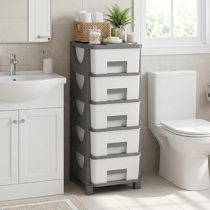 Giantex 5-Drawer Storage Organizer, Plastic Storage Tower with Drawers, Multi-Purpose Container Box for Office, Bathroom Living Room, White+Grey - Image 2
