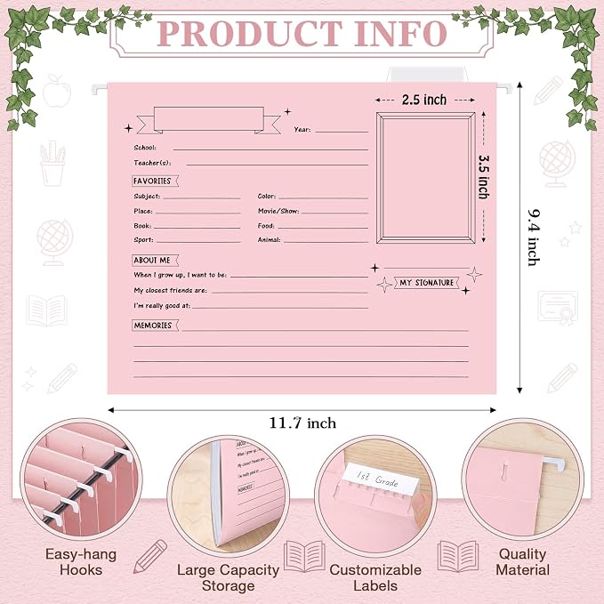 Glenmal 25 Pack School Years Memory File Folders Memory Pages Letter Hanging Files School Keepsake Organizer Questionnaire for Kids K-12 Student Info Record Personal Growth Tracking(Pink) - Image 3