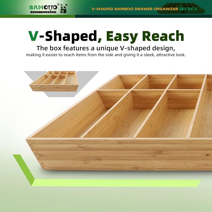 BAMOTTO CRAFTBAMBOO 13 Slot V-Shaped Bamboo Drawer Organizer Set of 2 | Cutlery Tray | Silverware & Flatware Organizer | Utensil | Kitchen & Bathroom | Extra Large 19.6"×14.6" & 19.6"×12.4" - Image 3