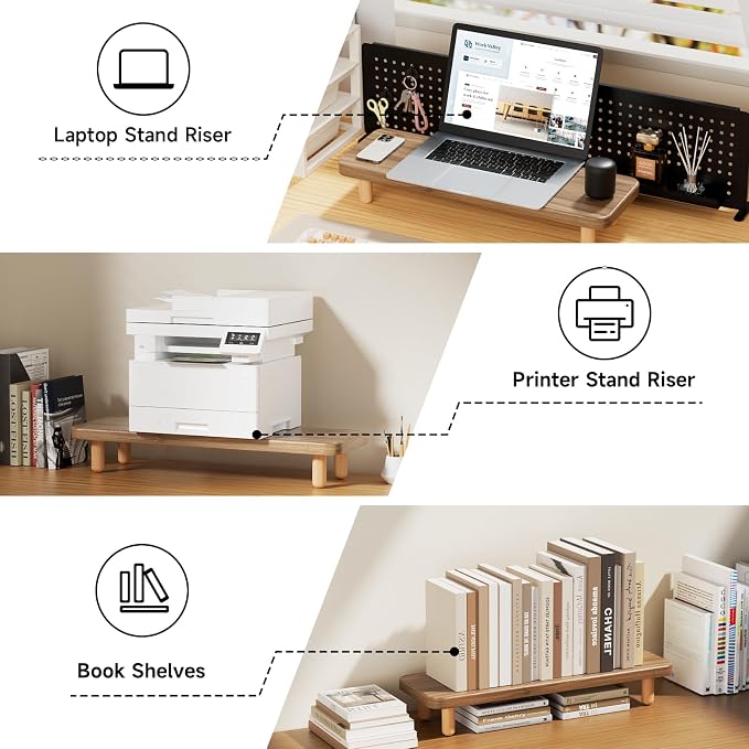 Monitor Stand Riser, 24 Inch Wood Desk Organizer with Monitor Stand & Storage Computer Monitor and Laptop Riser Multifunctional Laptop Stand Desk Organizer for Office Home Screen/Laptop/PC (Light Walnut) - Image 6