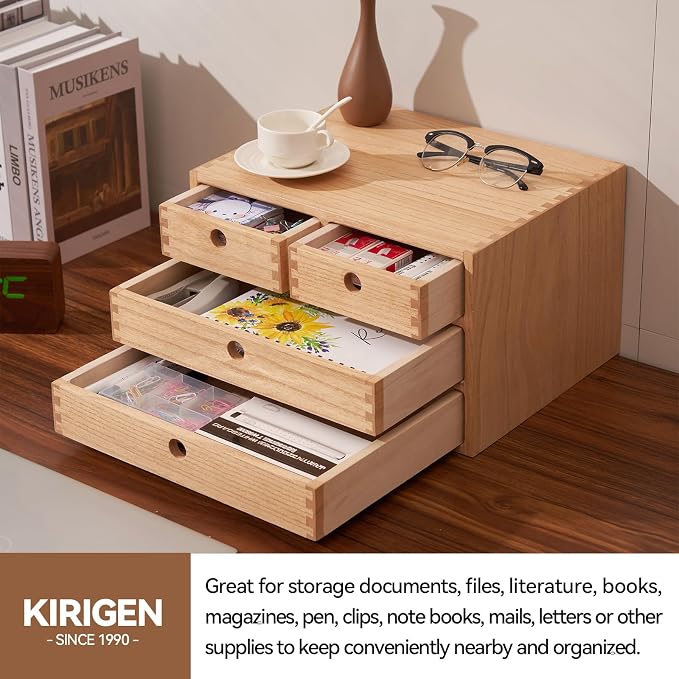 KIRIGEN Wood Desk Organizer with 4 Drawers, Desktop Storage, Natural 34-NA | 3-Tier Solid Wood Cabinet Holds Letter-Size Paper, Mail, Makeup, Crafts, and Home Office Supplies, Fully Assembled - Image 5