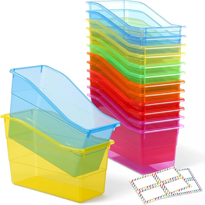 Blosssound 12 Set Book Bins for Classroom with Label Sticker Book Box Baskets Plastic Stackable Organizing Bins Storage & Organization for Classroom Library Home School Supplies (Translucent Colorful) by Blosssound