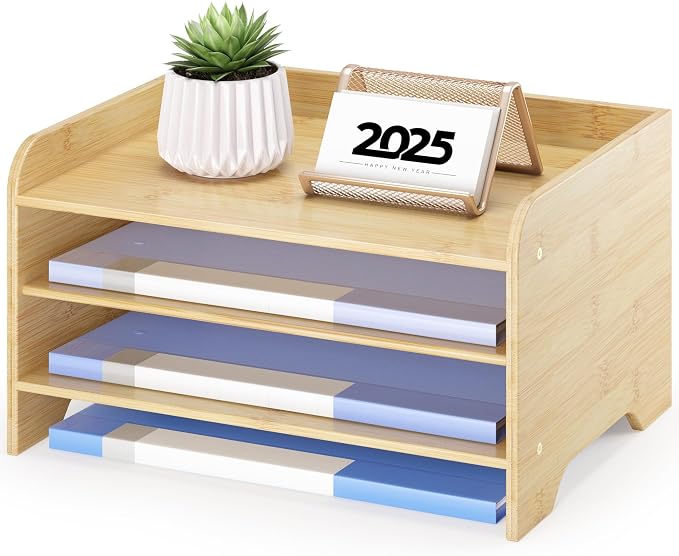 Bamboo File Organizer for Desk, Paper Tray with Pen Holder | Open tiers and a pen holder sort Letter/A4 paper, folders and office supplies while keeping your workspace clutter-free by WisuceHome