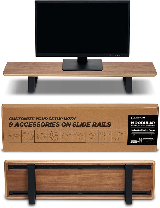 Moodular Wooden Monitor Stand Desk Organizer, Standard 33.4" Walnut | Customizable Organized Workspace, Aluminum Slide Rails, 10 Add-Ons Sold Separately: Storage Drawer, Tablet, Phone & More by ULTRARM