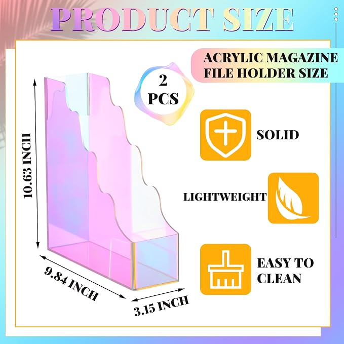 Engrowtic 2 Pcs Iridescent Acrylic Magazine File Holders, Water Ripples Vertical File Organizer, Colorful Acrylic Folder Organizers for Desk Office Classroom Decor Document Storage Back to School - Image 3