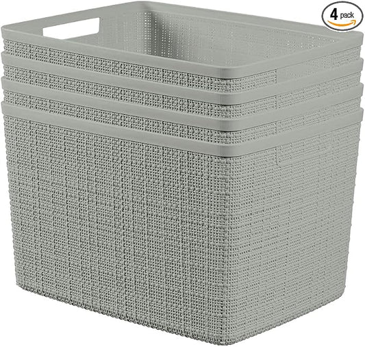 Curver Set of 4 Jute Large Decorative Plastic Organization and Storage Baskets, Perfect Bins for Home Office, Closet Shelves, Kitchen Pantry and All Bedroom Essentials, Grey by Unknown