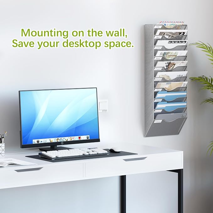 EasyPAG 10 Pocket Mesh Wall File Organizer, Hanging Paper Folder Holder with Classify Label, Vertical Wall Mount Mail Organizer for Office Home Classroom, Silver - Image 2