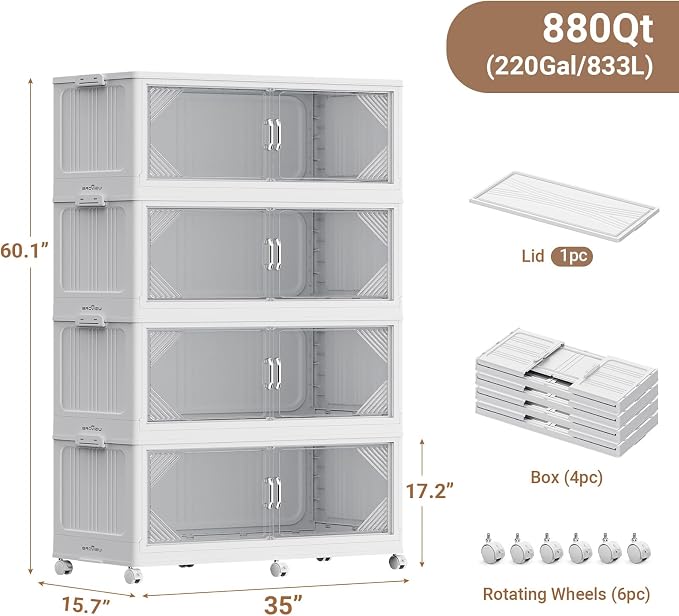 BROVIEW V60 880QT Plastic Stackable Storage Bins with Lid, 4Pack White | 220Gal Extra Large Closet Organizers Collapsible Cabinets Boxes With Drawer, Foldable Container with 6x Wheels for Home - Image 2
