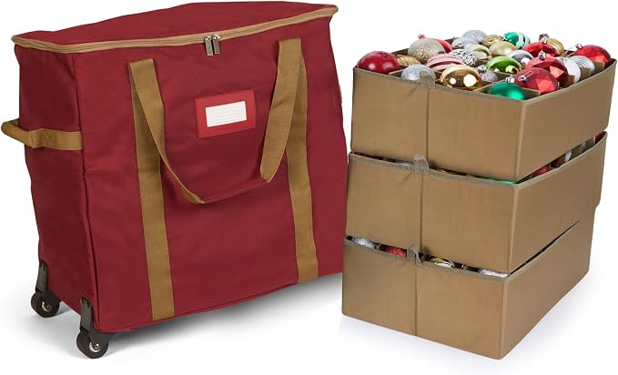 Covermates Keepsakes Rolling Adjustable Ornament Storage Bag – Heavy-Duty Polyester, FlexGrid Trays & Padded Dividers – Protective Holiday Organizer with Wheels, Handles & ID Window, Red by Covermates