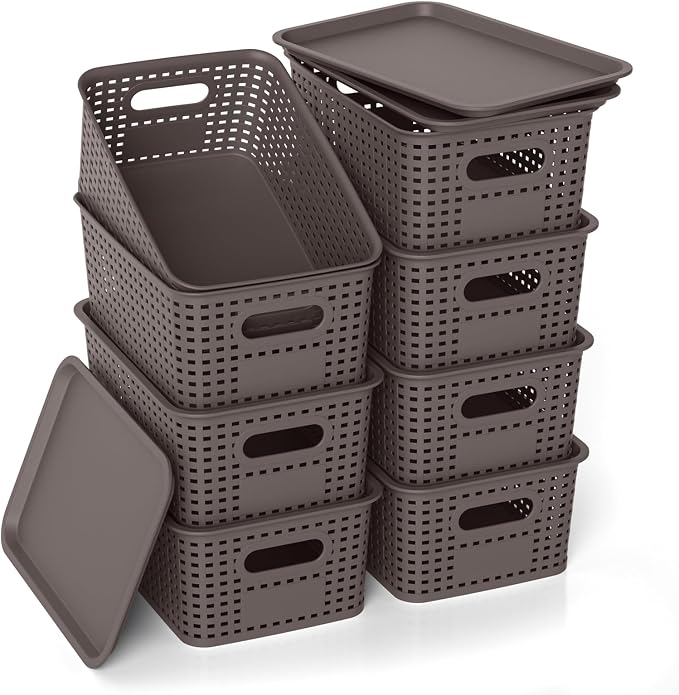 Plastic Storage Basket with Lid, Stackable Small Box Bins for Organizing and Containers for Shelves Drawers Desktop Closet Playroom Pantry Classroom Office Home, 8 Pack 10.2x7.2x4.1 Inch, Brown by ZFTMRR