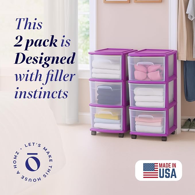 HOMZ 2-Pack Drawer Tower, 3-Tier Clear Plastic Storage Organizer Cart, Purple Frame - Organizing Containers with Wheels for Home, Bathroom, Bedroom, Office, and Classroom - Image 4